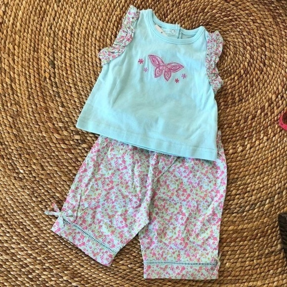 New 12 Mo Butterfly Ruffle Tee Embroidery Floral Bottoms Infant Girls 2 Pc Y2K